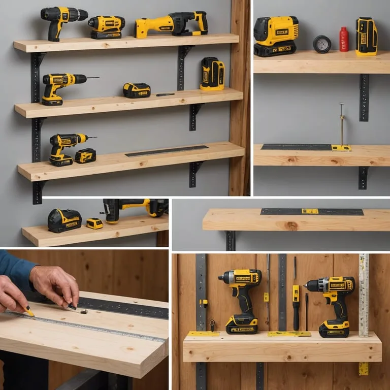 un collage d' étagères en bois avec des outils dewalt