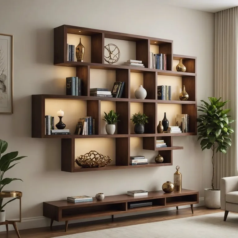une étagère en bois avec des livres et des vases sur elle