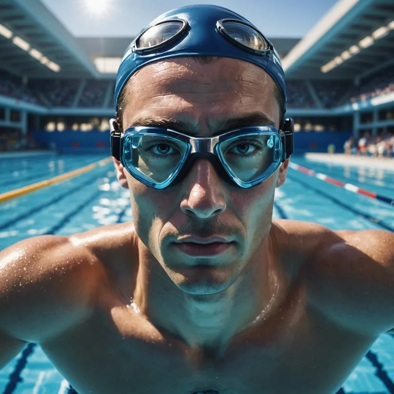 un nageur portant un bonnet et des lunettes regarde la caméra