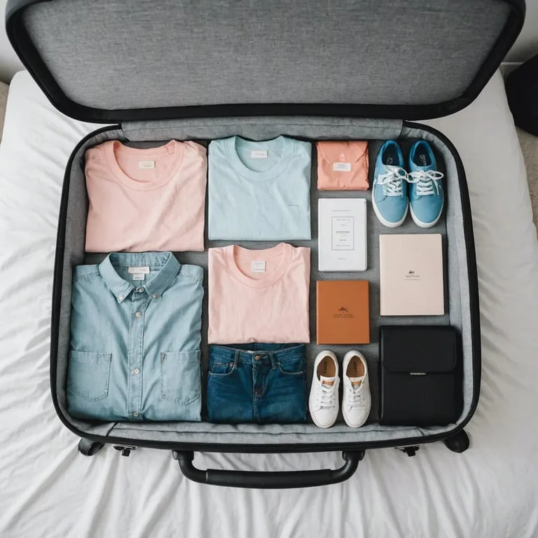 une valise remplie de vêtements et de chaussures sur un lit