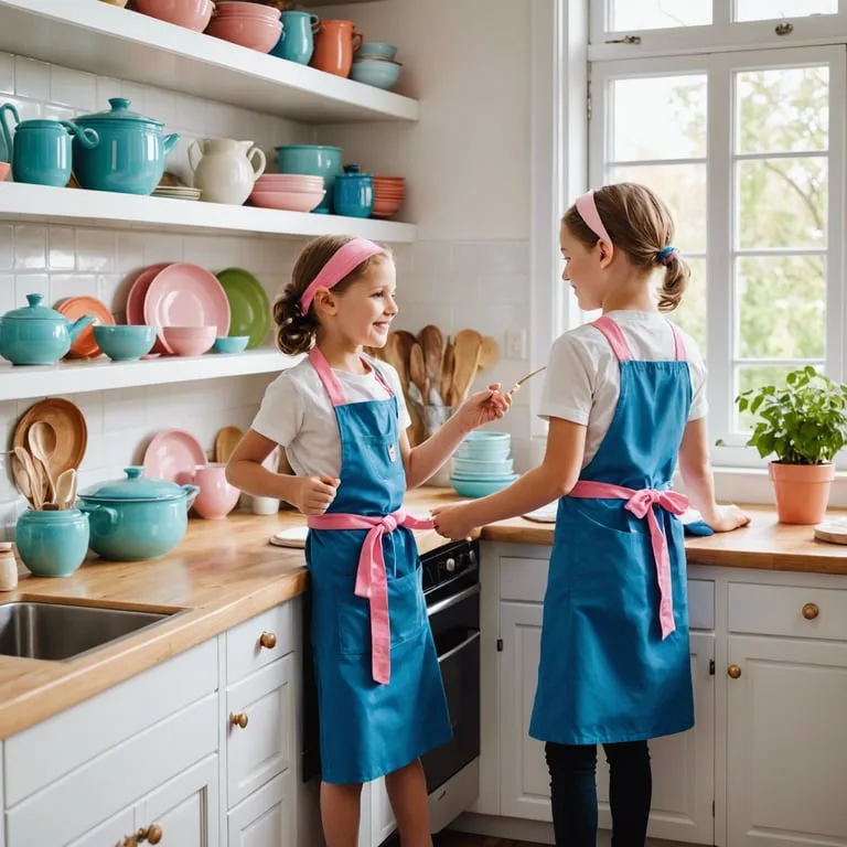 deux jeunes filles portant des tabliers bleu et rose préparent des aliments dans une cuisine