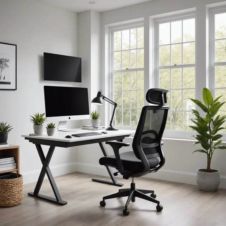 un bureau avec un ordinateur et une chaise noire