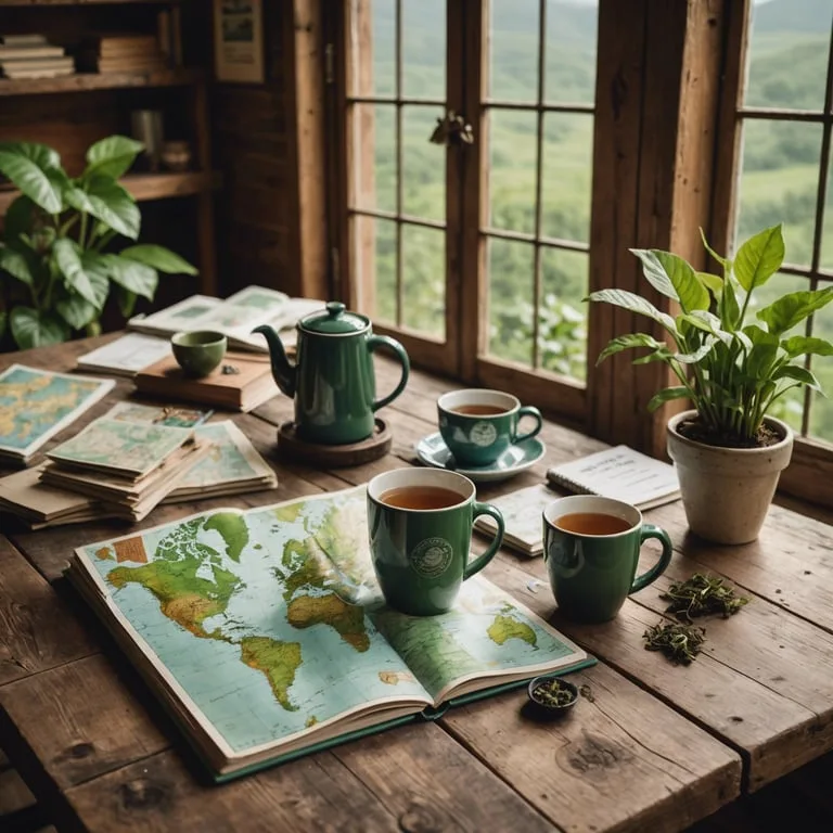 deux tasses de thé sont assises sur une table en bois à côté d' une carte du monde