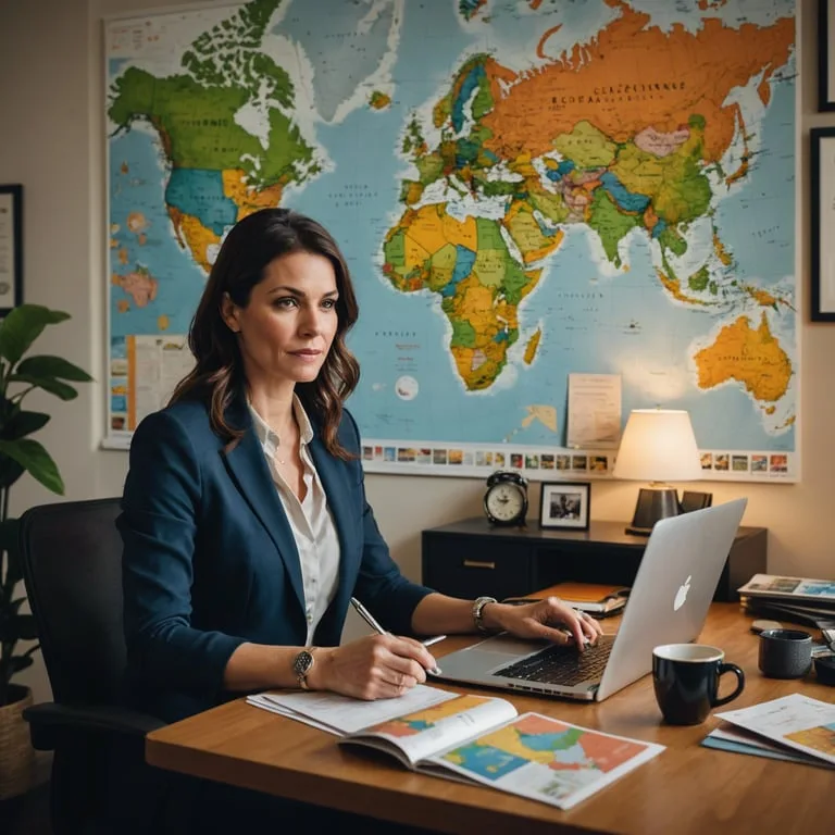 une femme travaille sur un ordinateur portable devant une carte du monde