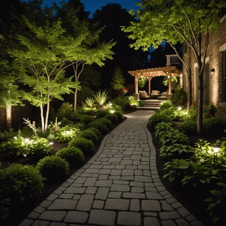 un chemin de pierre menant à un patio éclairé la nuit