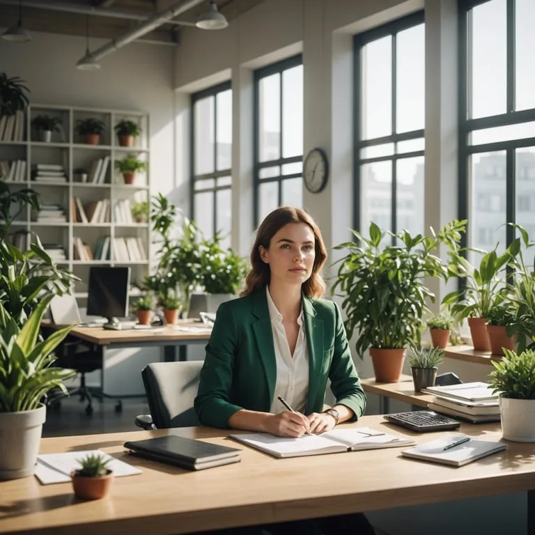 une femme en veste verte est assise à un bureau entouré de plantes