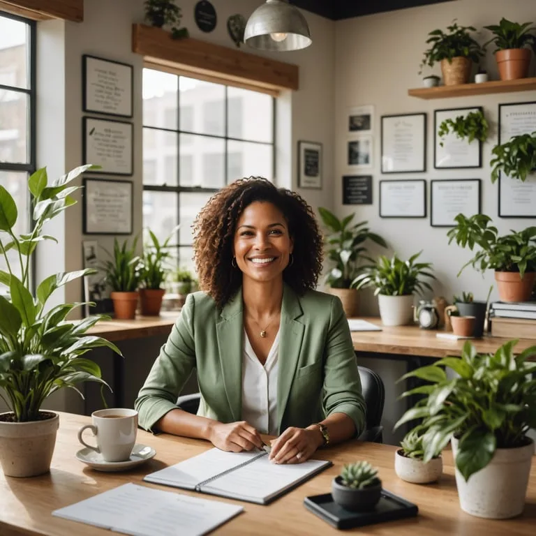 une femme est assise à un bureau entouré de plantes et sourit